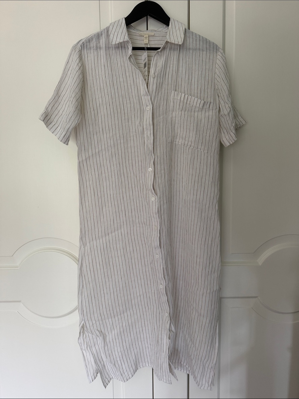 Eileen Fisher White with Thin Black Stripe Maxi Shirt Dress